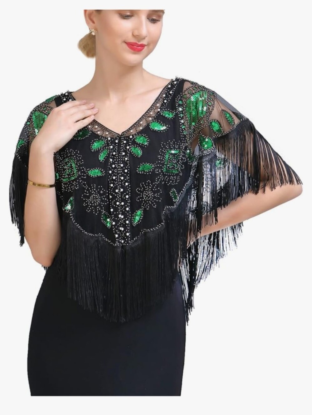 20s Flapper Vintage Inspired Black Sequin Beaded Fringe Shawl Green Accents